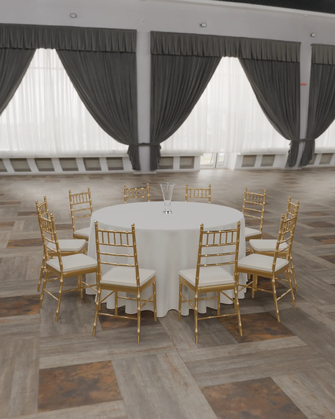 Blender Cycles still: a round table with a white cloth, 10 gold Chiavari chairs and a glass vase in a sample hall.